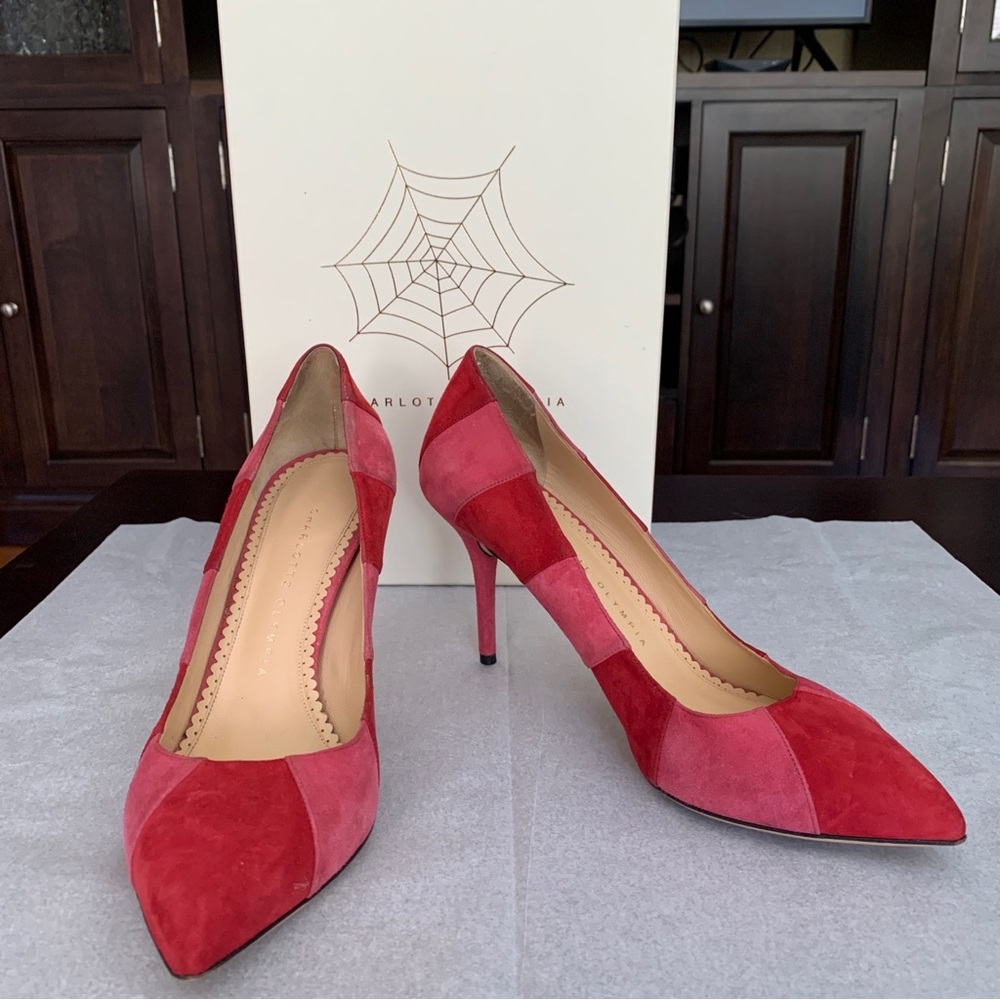 Charlotte Olympia DESIREE IN STRIPES Suede Pumps Rouge/Dark Pink SZ 8.5/EU 38.5 - Picture 2 of 14